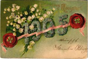 1905 Fröhliches Neujahr! / New Year greeting art postcard. Art Nouveau, Floral, Emb. litho (lyuk / pinhole)