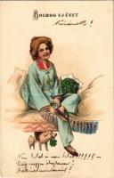 1904 Boldog Újévet! / New Year greeting art postcard with lady, pigs and clovers. litho