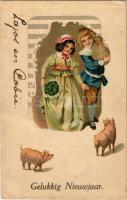 Gelukkig Nieuwjaar / New Year greeting art postcard with pigs. litho (EK)