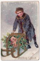 1927 Boldog Újévet! / New Year greeting art postcard with sledding pig (EB)