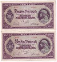 1945. 100P (2x) nem vízjeles papíron, "BÜNTETÉS" szónál "N" felett lemezhiba, sorszámkövetők "E 352 035461 - E 352 035462" T:F Adamo P18/4