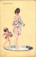 1919 Restrictions / Erotic art postcard with bathing lady and cupid. Edition SID Polychrome Fancy Séries No. 1030. s: Maurice Pepin (Rb)