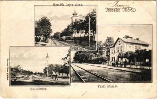 1905 Üllő (Pest), vasútállomás, Erzsébet tér, Kossuth Lajos utca, templomok. Bergner Miksa kiadása (Rb)