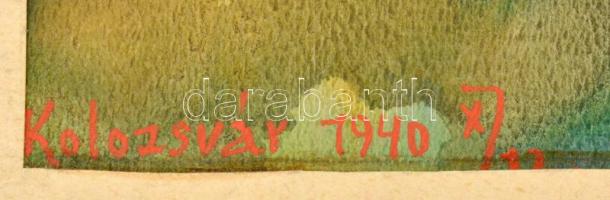 Kudelász Károly (1896-1973): Kolozsvári panoráma, 1940. Akvarell, papír, balra lent autográf felirat...