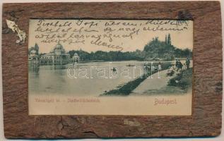 1898 (Vorläufer) Budapest XIV. Városligeti tó. Igazi fa keretes képeslap / wooden postcard