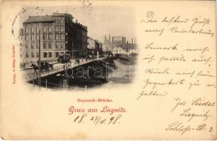 1898 (Vorläufer) Legnica, Liegnitz; Nepomuk Brücke, Apotheke. Verlag C. Billig / bridge, tram, pharmacy