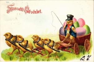 1900 Húsvéti üdvözlet, csibe fogat / Easter greeting, chicken cart. litho