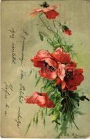 Pipacsok. Dombornyomott litho üdvözlet / Poppy flowers. Embossed litho greeting (EK)