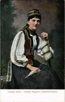 Csángó leány. Wertheim Zsigmond kiadása / Csángó Magyarin (Mädchentracht) / Transylvanian folklore, Hungarian Csángó girl in folk costumes