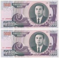 Észak-Korea 2006. 5000W (2x) sorszámkövetők &quot;L0 2890020 - L0 2890021&quot; T:UNC  North Korea 2006. 5000 Won (2x) consecutive serials &quot;L0 2890020 - L0 2890021&quot;C:UNC  Krause P#46