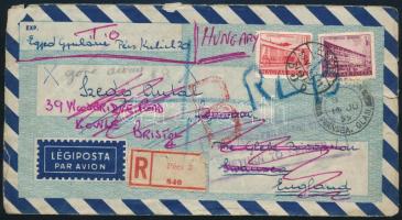 1955 Ajánlott légi levél Angliába, visszaküldve / Registered airmail cover to England, returned