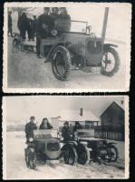 1935 Eger - Egerbakta környéke, katona lányok társaságában, speciális automobilokkal (hómobil?); 2 db fotó, a hátoldalon feliratozva, 8,5x6 cm