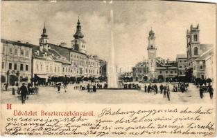 1902 Besztercebánya, Banská Bystrica; Fő tér, szökőkút, városháza, üzletek / main square, fountain, town hall, shops (b)