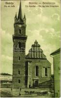 1928 Beszterce, Bistritz, Bistrita; Bis. ev. luth. / Ev. Kirche / Evangélikus templom, piac. Gustav Zikeli kiadása / Lutheran church, market (EB)