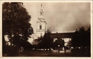 1940 Nagykároly, Carei; Bis. reformat. / Református templom / Calvinist church + "1940 Nagykároly visszatért" So. Stpl. (lyuk / pinhole)