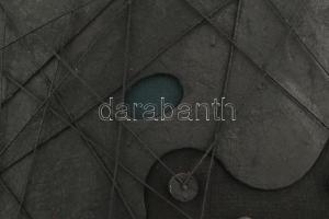 Szeift Béla (1944-2012): Fekete sejt, 1969. Akril, spárga, applikáció faroston, 68x66 cm, Jelezve há...