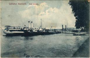 1913 Báziás, hajóállomás, gőzhajó és uszály. Dervarics Ferenc vasúti vendéglős kiadása / port, ship station, steamship and barge (EK)