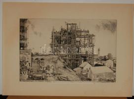 Würtz Ádám (1927-1994): Dunaújvárosi építkezés, szignált rézkarc 30x38cm
