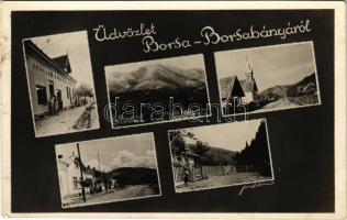 Borsabánya, Baia Borsa, Baile Borsa (Máramaros); mozaiklap, Hangya szövetkezet üzlete / multi-view postcard with cooperative shop (fl)