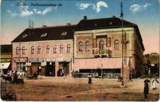 Torda, Turda; Vallásszabadság tér, Ariesana, Kohn Adolf, Biluska Gerő, Jánossy és Társa, Papp Miklós üzlete / square, shops (EB)