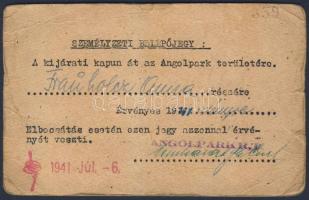 1941 Angolpark személyzeti belépőjegy / Theme park staff entrance ticket