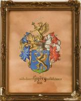 cca 1935 A nádudvari Győry család címere, tempera, papír, sérült üvegezett keretben, papír hullámos, 27,5×21 cm