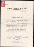 1941 Gschwindt-féle Szesz-, Élesztő-, Likőr- és Rumgyár R.t. nyugdíjpénztárának tagsági igazolványa, Gschwindtné autográf aláírásával, fejléces papíron, a nyugdíjpénztár bélyegzőjével.