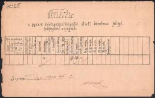 1890-1914 GYSEV vétlevél az üzletigazgatóságtól átvett bizalmas jellegű hadiforgalmi anyagról, 2 db okmány 1914. VIII.1 és 2. dátummal, az I. világháború kezdeti idejéből, Lajtaújfalu + 1890 GYSEV kötelezvény örháznál végzendő szolgálatról + 1 db egyéb okmány