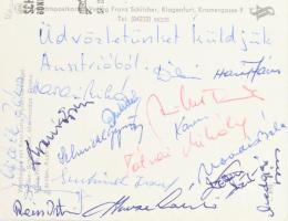 1967 FTC kézilabdacsapat tagjainak aláírása képeslapon (Schmikl, Havasi, Oszfolk, Reisz, Tátrai, Mik...