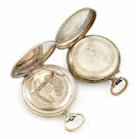 2 db régi zsebóra, díszes tokkal, sérült számlappal/mutatóval, felhúzókulcs nélkül