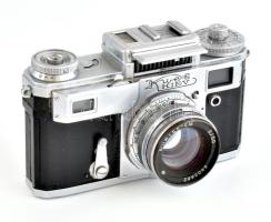 Kiev retro szovjet fényképezőgép, Jupiter-8M 2/50 mm objektívvel, eredeti bőr tokjában, működik