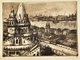 Olvashatatlan jelzéssel: Budapesti látkép a Halászbástyával. Rézkarc, papír, lapszéli sérüléssel, 8,5x11,5 cm
