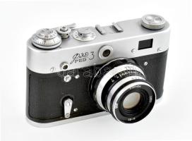 FED 3 szovjet fényképezőgép, Industar 61 2,8/53 objektívvel, eredeti bőr tokjában, kopott, működik