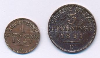 Német Államok / Poroszország 1847A 1pf Cu + 1871C 3pf Cu T:AU kis ph German States / Prussia 1847A 1 Pfennig Cu + 1871C 3 Pfennig Cu C:AU small edge error