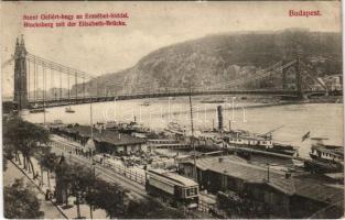 1906 Budapest XI. Szent Gellért hegy és Erzsébet híd, pesti rakpart, villamos. D.K. Bp. 1906-1185. (EK)