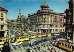 1965 Budapest VIII. Körút és Rákóczi út kereszteződése, Blaha Lujza tér, Állami Biztosító a dolgozók érdekeltsége, Csemege áruház, villamosok és autók, autóbusz. Képzőművészeti Alap (EK)