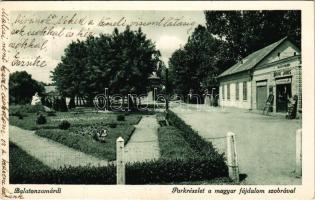 1940 Zamárdi, Balatonzamárdi; Parkrészlet a magyar fájdalom szobrával, Bányai János dohányáruda üzlete