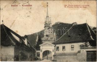1916 Brassó, Kronstadt, Brasov; Porond tér, Szent Miklós ortodox templom / St. Nikolaus Kirche am Anger / Romanian Orthodox church, square (fl)
