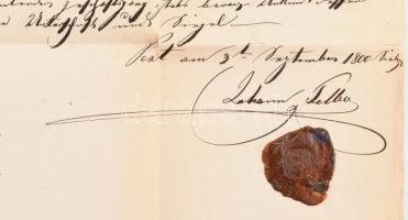 1800 Johann Felber Taschner német nyelvű tanúsítvány, viaszpecséttel, 5+5+5 kr okmánybélyeggel