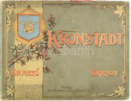 cca 1900-1910 Kronstadt, Brassó, Brasov. Brassó,Verlag der Buchhandlung Hiemesch, 16 t. 16 fekete-fehér képet tartalmazó leporelló, három nyelvű német, magyar, és román feliratokkal. A hátsó kötéstábla belsejében színes Brassó térképpel. Kiadói szecessziós aranyozott, festett haránt-alakú egészvászon-kötésben, a leporelló elvált a kötéstől, az egyik hajtáson (tehát nem a képen) szakadással, régi bélyegzéssel, a borítón kopásnyomokkal, 17x22 cm/ cca 1900 Brasov (Kronstadt/Brassó) leporello with 16 pieces pictures. One colourful map on the inside of the back cover. With art nouveau cover, gilt linen-bindig, worn cover, the pictures are coming out. In three language.