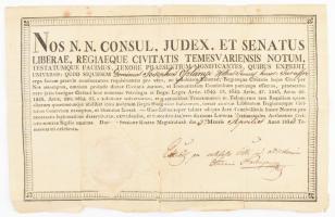 1833 Temesvár, okmány Oszlányi József részére, hogy helyi szabad polgár volt. Papírfelzetes pecséttel, latin nyelven. szakadásokkal, lap széle kissé foltos.