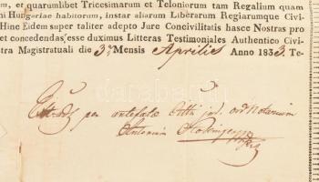1833 Temesvár, okmány Oszlányi József részére, hogy helyi szabad polgár volt. Papírfelzetes pecsétte...