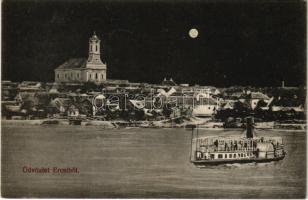 1915 Ercsi, látkép éjjel, gőzhajó. Déri János és Fia kiadása