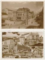 Pozsony, Pressburg, Bratislava; 2 db régi képeslap (színház, villamos, montázs) / 2 pre-1945 postcards (theatre, tram, montage)