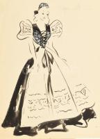 cca 1940 15 db kézzel rajzolt női és gyerek magyar divatterv, részben olvashatatlan monogrammal jelz...