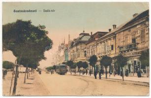 1915 Szatmárnémeti, Szatmár, Satu Mare; Deák tér, villamos, Láng üzlete. Vasúti levelezőlapárusítás 3104. / square, tram, shops + "Kommando des k.u.k. Spitalzuges No. 24." (EB)