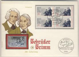 NSZK 1985. "Grimm testvérek" bélyeg formájú Ag emlékérem 15g érmés, bélyeges borítékon bor...