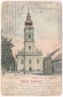 Szatmárnémeti, Szatmár, Satu Mare; Perényi utca, Református templom. Hollósi felvétele. L.D.F. 129. / street view, church (EM)