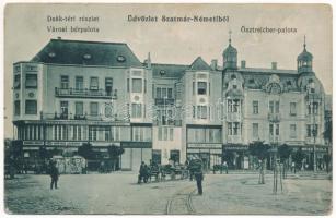 1913 Szatmárnémeti, Szatmár, Satu Mare; Deák tér, Városi bérpalota, Ösztreicher-palota, Weisz Izsák, Borgida Miklós, Perlstein, Fried Salamon, Weisz Gyula üzlete, Szalon kávéház. Weisz Zoltán kiadása / square, palaces, shops, café (EK)