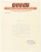 1935 Busch cirkusza, a fővárosi cirkusz (Bp.-Városliget) bérlőjének bizonyítványa-igazolása titkárnő részére. Német nyelven, fejléces papíron, igazgató-tulajdonosi bélyegzővel, ceruzás szignóval, lapszéli kisebb szakadással. 1935-ben a Busch Cirkusz vette át a bérleti jogot mindössze egy szezonra, ritka kordokumentum!